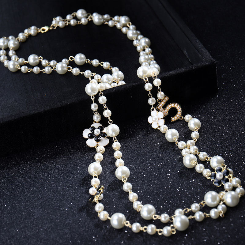 Fashion Long Pendants Layered Camellia Pearl Necklace