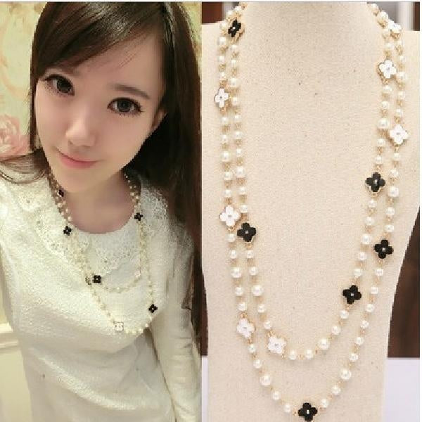 Fashion Long Pendants Layered Camellia Pearl Necklace