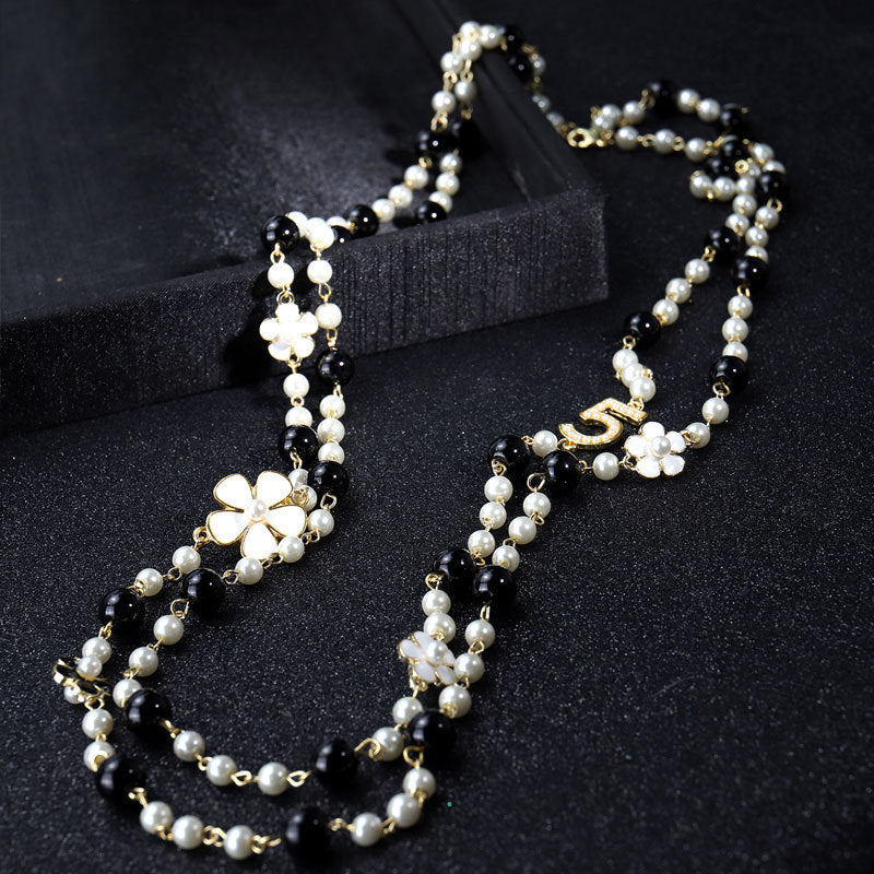 Fashion Long Pendants Layered Camellia Pearl Necklace