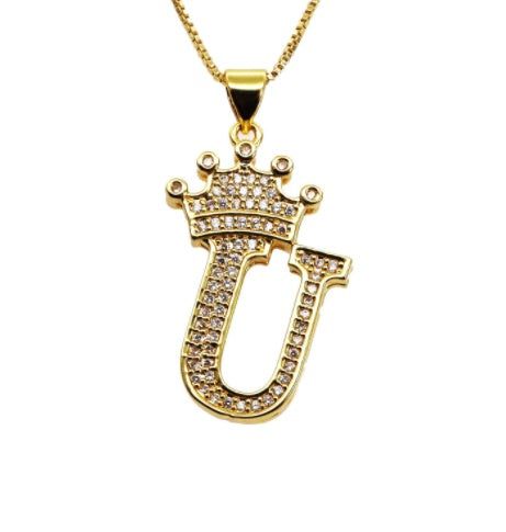 26 English Letter Pendants Women's Necklace Crown Letter Pendant Box