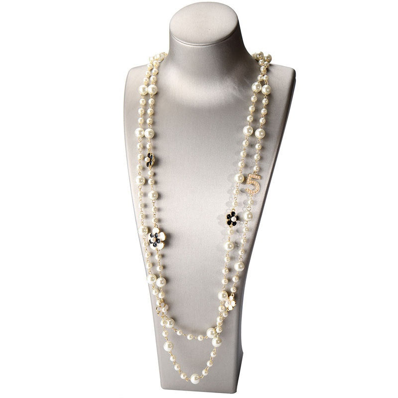 Fashion Long Pendants Layered Camellia Pearl Necklace